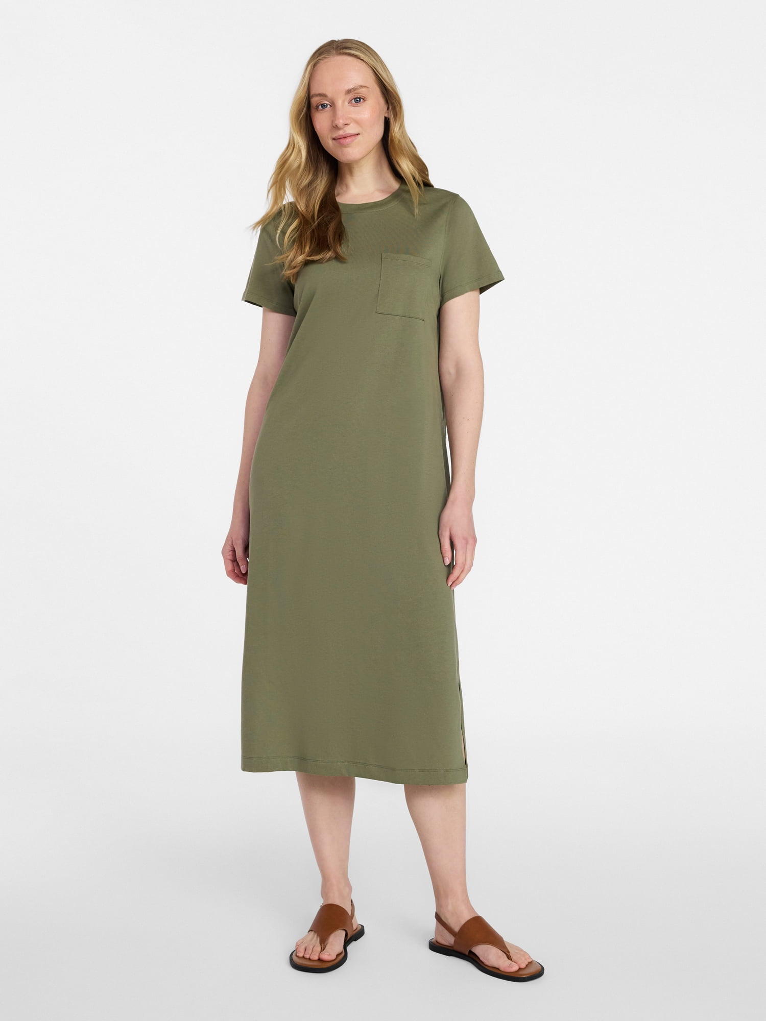 Time and Tru Women's Cotton Midi T-Shirt Dress with Short Sleeves, Sizes XS-XXXL