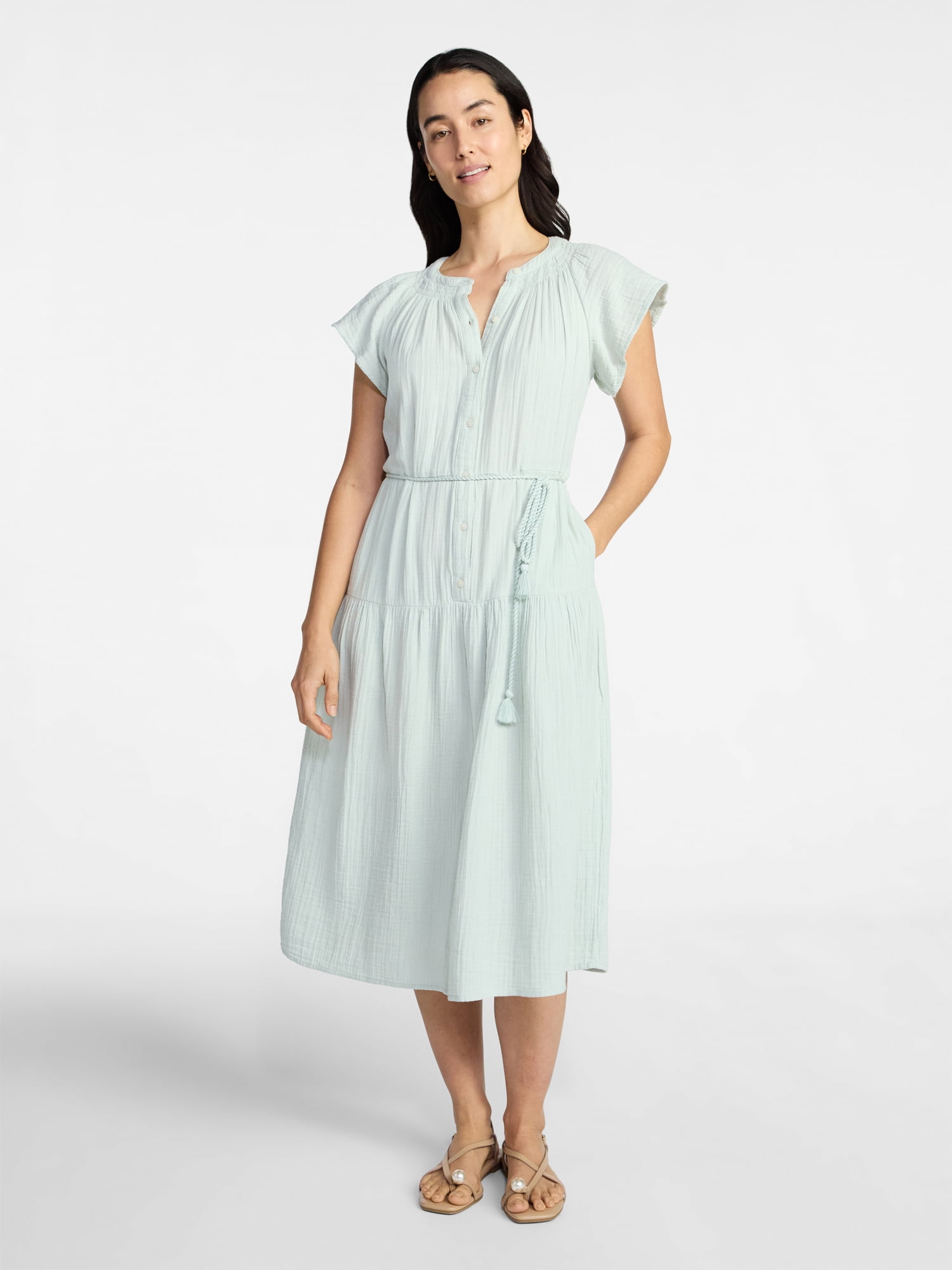 Time and Tru Women's Cotton Double Cloth Midi Dress with Short Flutter Sleeves, Sizes XS-XXXL