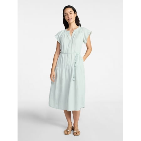 Time and Tru Women's Cotton Double Cloth Midi Dress with Short Flutter Sleeves, Sizes XS-XXXL