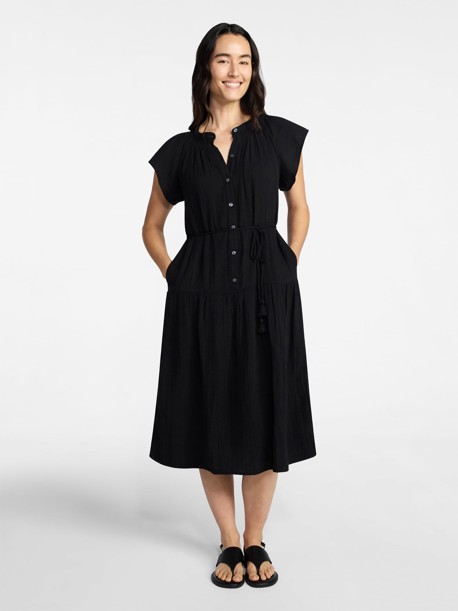 Time and Tru Women's Cotton Double Cloth Midi Dress with Short Flutter Sleeves, Sizes XS-XXXL