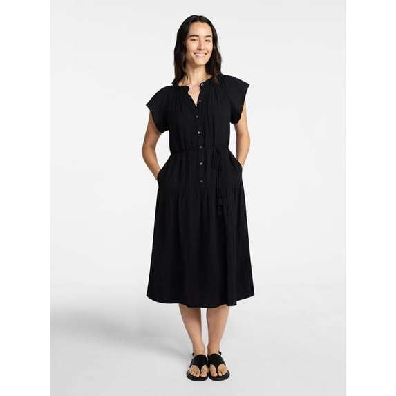 Time and Tru Women's Cotton Double Cloth Midi Dress with Short Flutter Sleeves, Sizes XS-XXXL