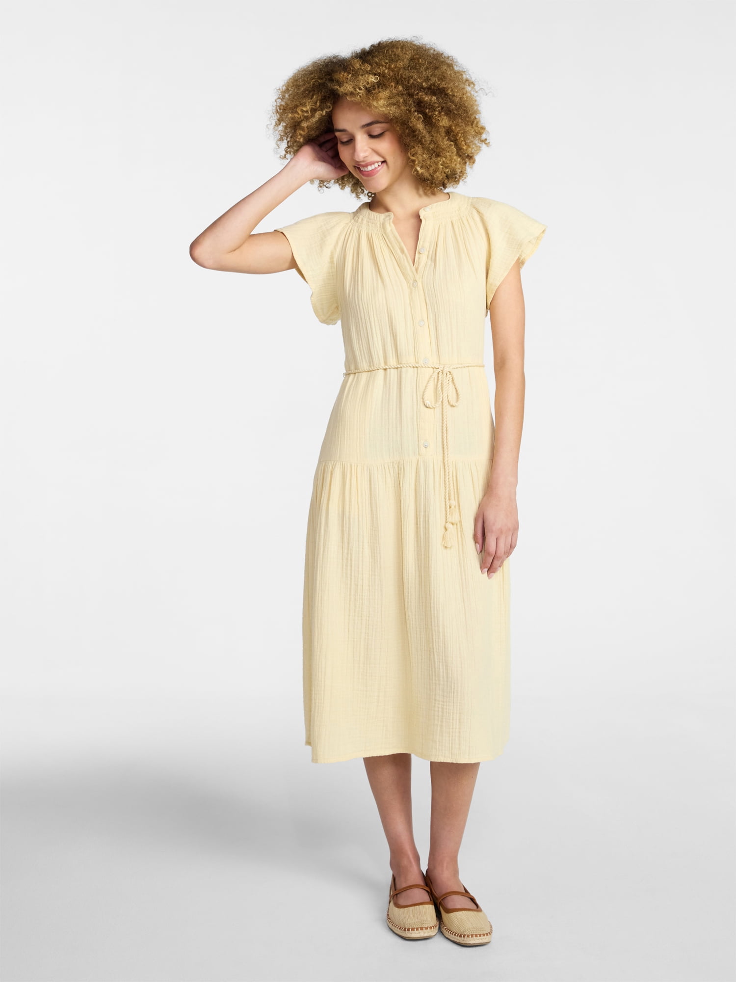 Time and Tru Women's Cotton Double Cloth Midi Dress with Short Flutter Sleeves, Sizes XS-XXXL