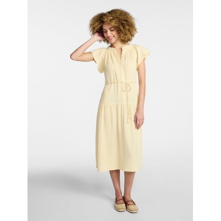 Time and Tru Women's Cotton Double Cloth Midi Dress with Short Flutter Sleeves, Sizes XS-XXXL
