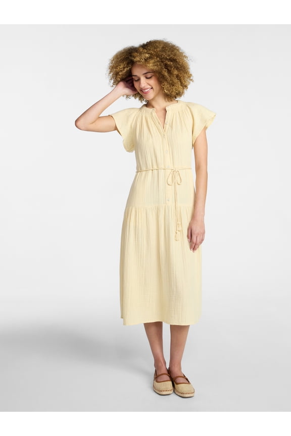 Women's Cotton Double Cloth Midi Dress with Short Flutter Sleeves, Sizes XS-XXXL