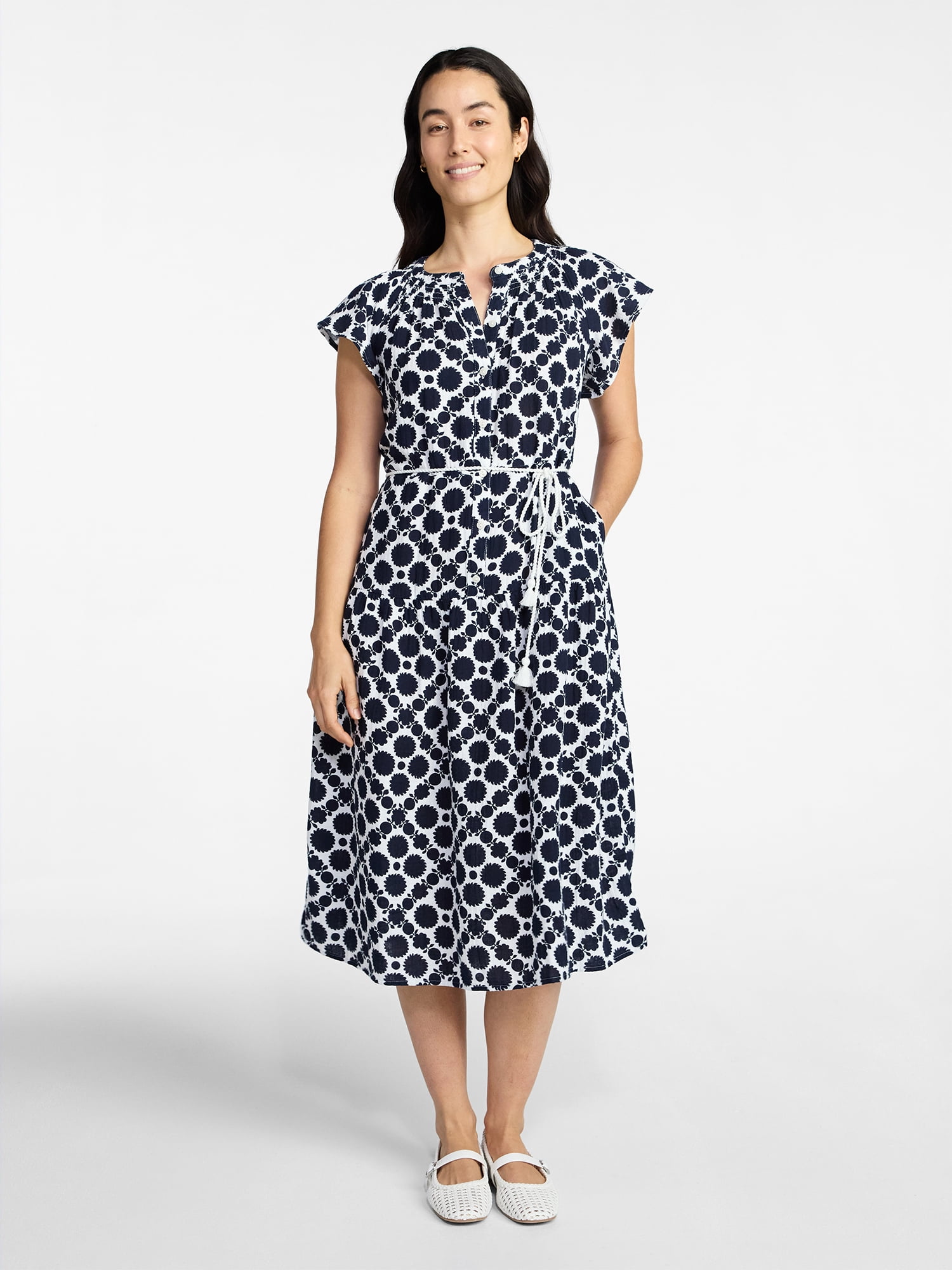 Time and Tru Women's Cotton Double Cloth Midi Dress with Short Flutter Sleeves, Sizes XS-XXXL