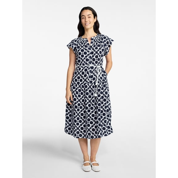 Time and Tru Women's Cotton Double Cloth Midi Dress with Short Flutter Sleeves, Sizes XS-XXXL