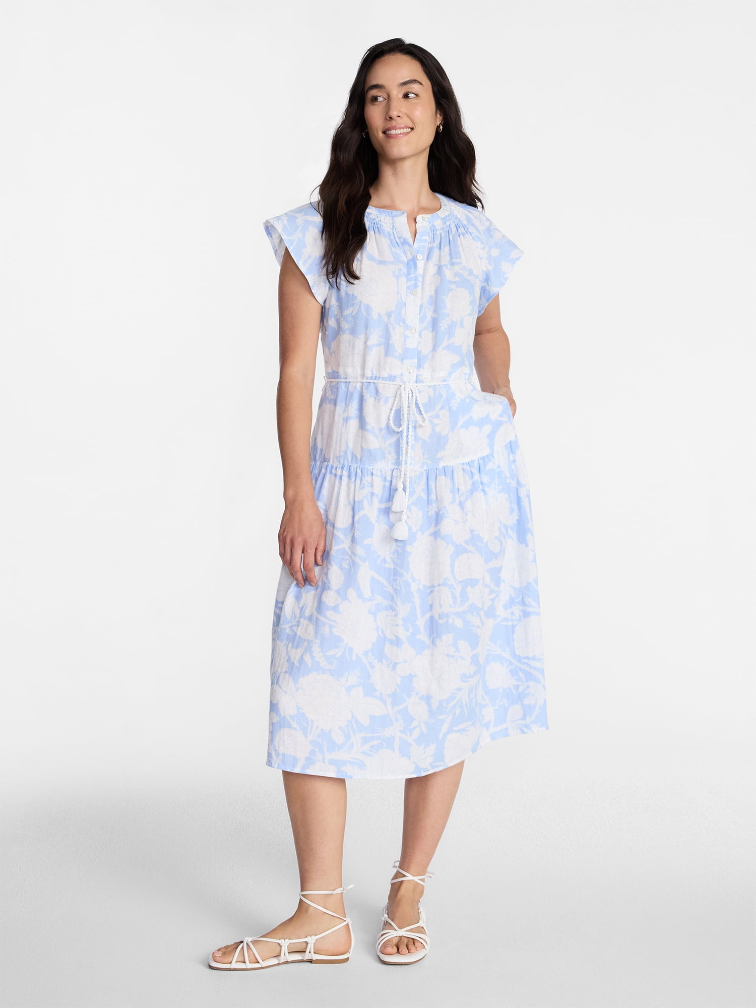 Time and Tru Women's Cotton Double Cloth Midi Dress with Short Flutter Sleeves, Sizes XS-XXXL