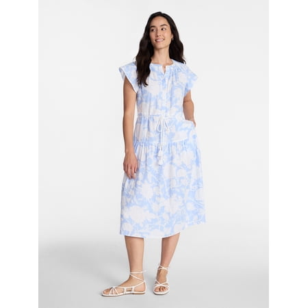 Time and Tru Women's Cotton Double Cloth Midi Dress with Short Flutter Sleeves, Sizes XS-XXXL