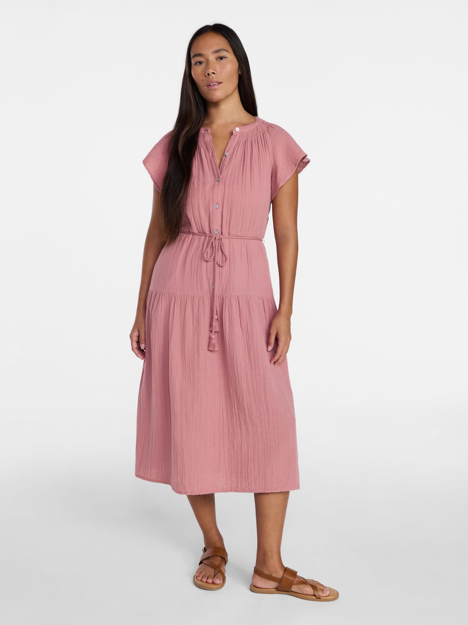 Time and Tru Women's Cotton Double Cloth Midi Dress with Short Flutter Sleeves, Sizes XS-XXXL