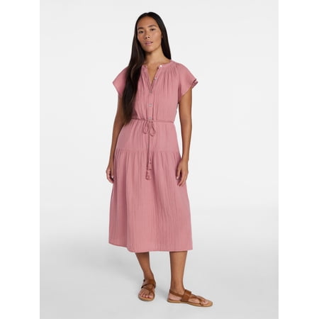 Time and Tru Women's Cotton Double Cloth Midi Dress with Short Flutter Sleeves, Sizes XS-XXXL