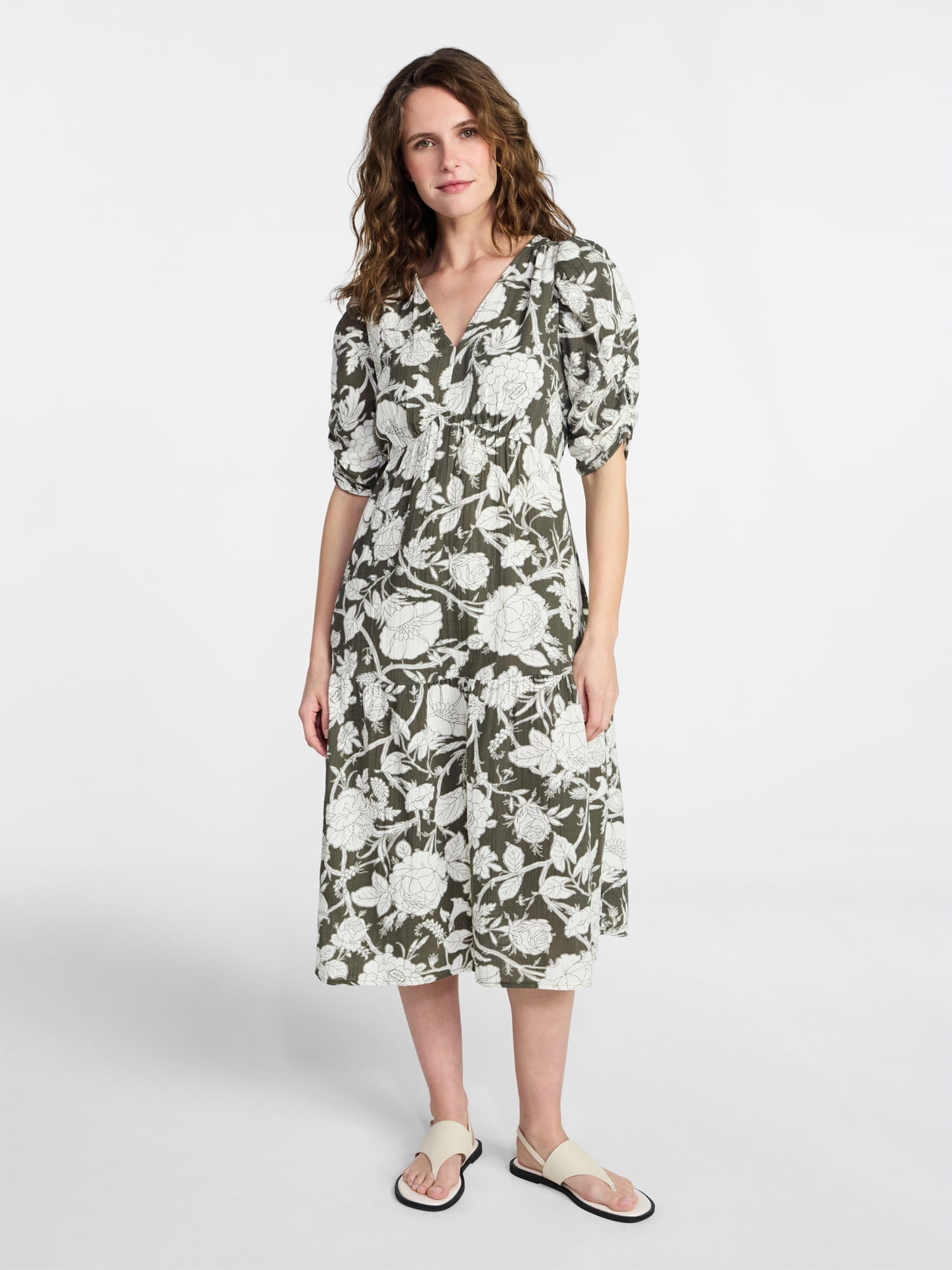 Time and Tru Women's Cotton Tiered Midi Dress with Elbow Length Sleeves, Sizes XS-XXXL