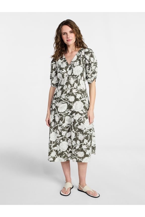 Women's Cotton Tiered Midi Dress with Elbow Length Sleeves, Sizes XS-XXXL