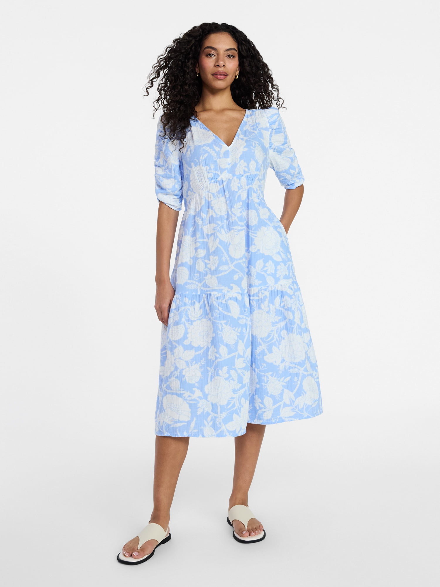 Time and Tru Women's Cotton Tiered Midi Dress with Elbow Length Sleeves, Sizes XS-XXXL