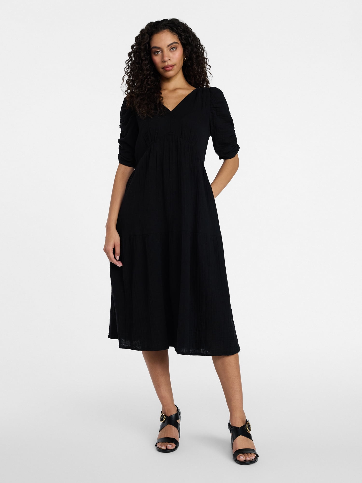 Time and Tru Women's Cotton Tiered Midi Dress with Elbow Length Sleeves, Sizes XS-XXXL