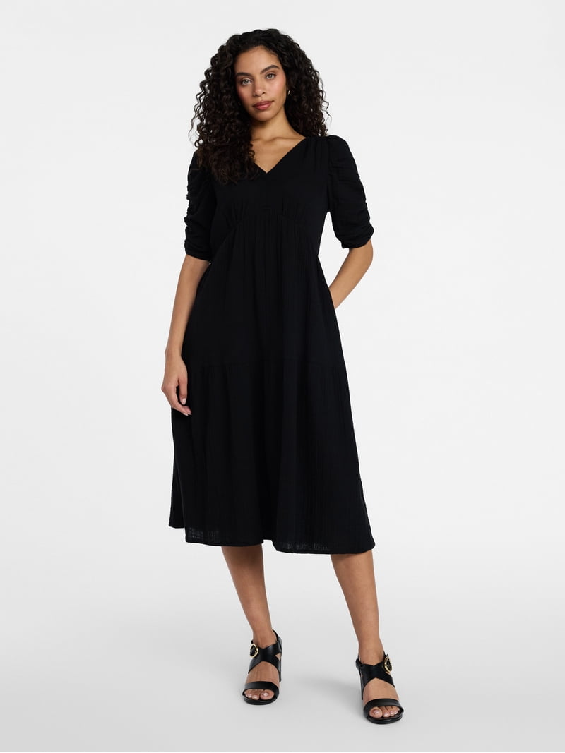 Time and Tru Women's Cotton Tiered Midi Dress with Elbow Length Sleeves,  Sizes XS-XXXL