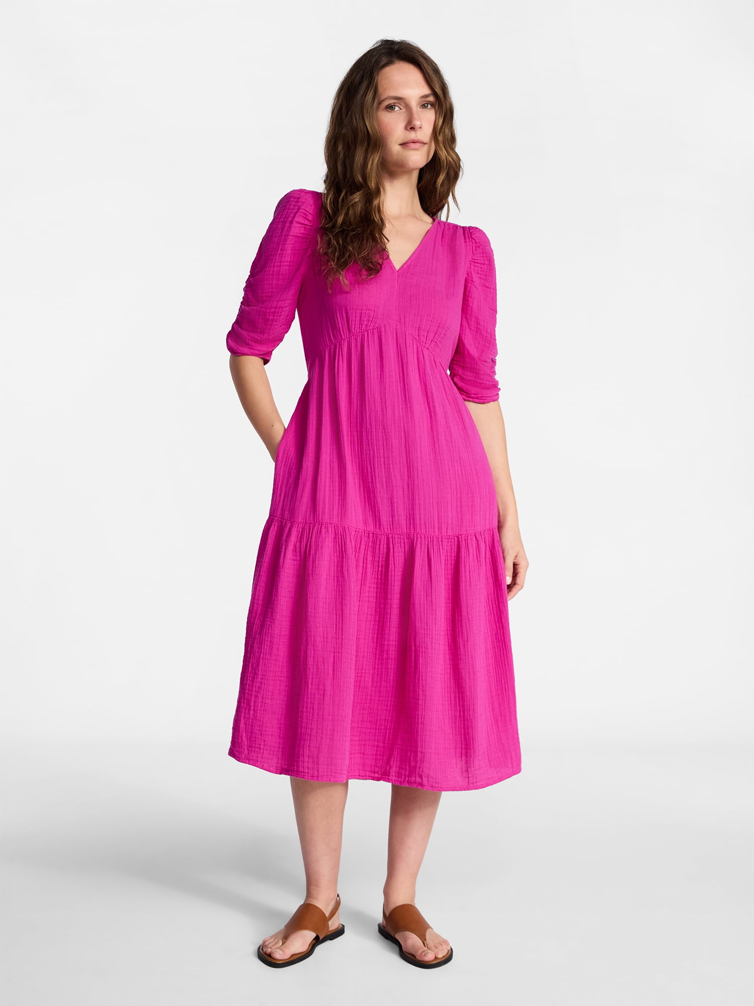 Time and Tru Women's Cotton Tiered Midi Dress with Elbow Length Sleeves, Sizes Xs-xxxl, Purple