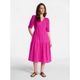 thumbnail image 1 of Time and Tru Women's Cotton Tiered Midi Dress with Elbow Length Sleeves, Sizes XS-XXXL, 1 of 5