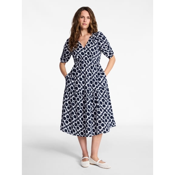 Time and Tru Women's Cotton Tiered Midi Dress with Elbow Length Sleeves, Sizes XS-XXXL