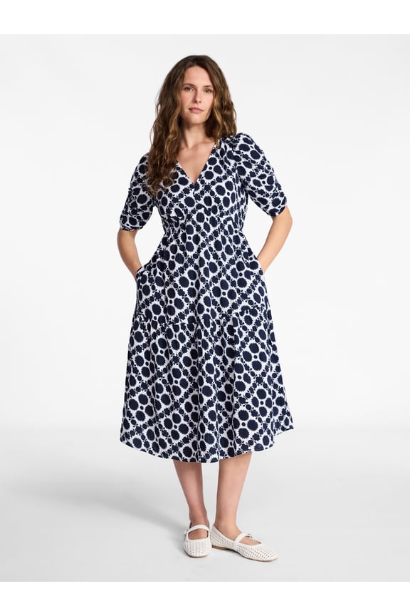 Women's Cotton Tiered Midi Dress with Elbow Length Sleeves, Sizes XS-XXXL