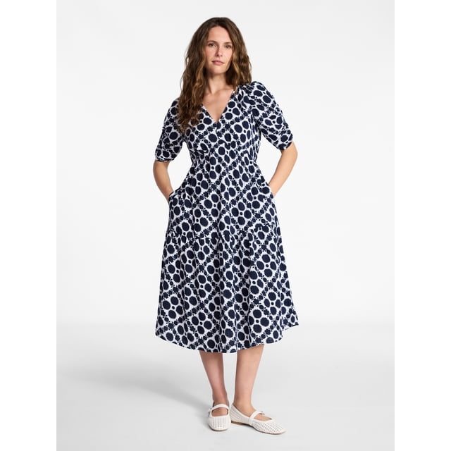 Time and Tru Women's Cotton Tiered Midi Dress with Elbow Length Sleeves, Sizes XS-XXXL