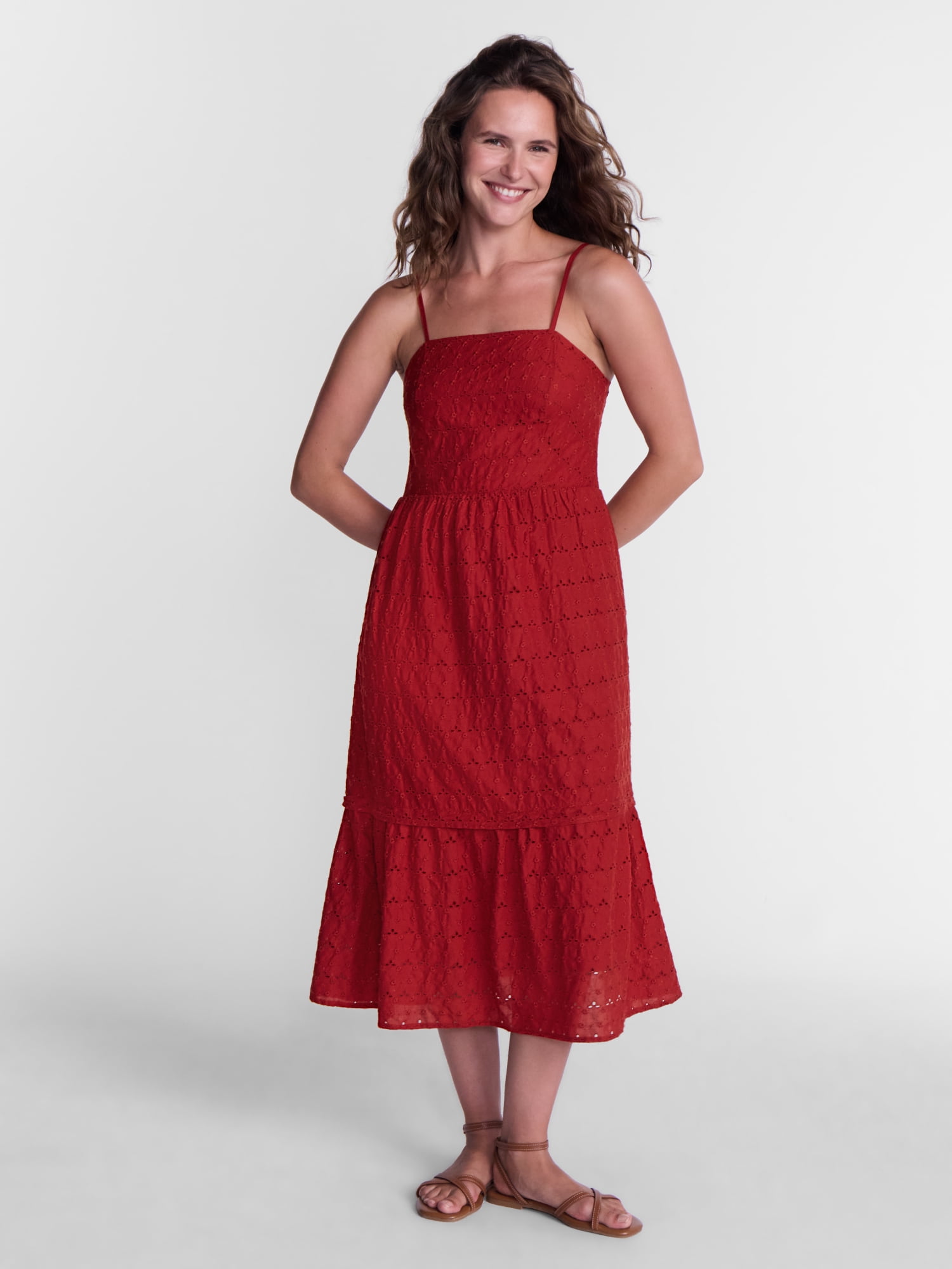 Time and Tru Women's Sleeveless Eyelet Cotton Midi Dress, Sizes XS-XXXL