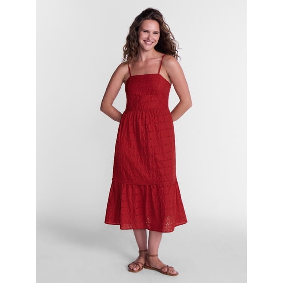 Time and Tru Women's Sleeveless Eyelet Cotton Midi Dress, Rustic Red, Sizes XS-XXXL