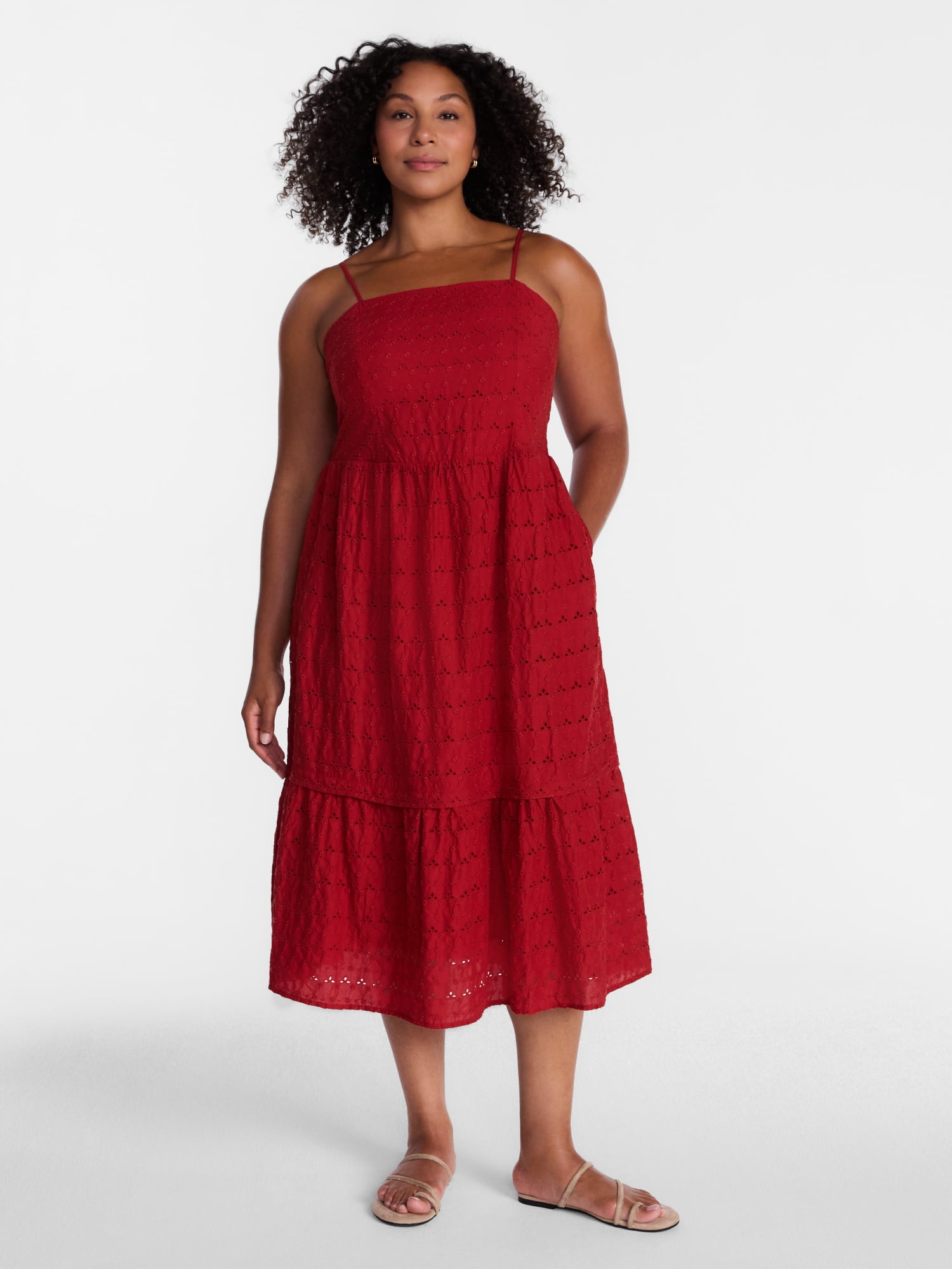 Time and Tru Women's Sleeveless Eyelet Cotton Midi Dress, Sizes XS-XXXL