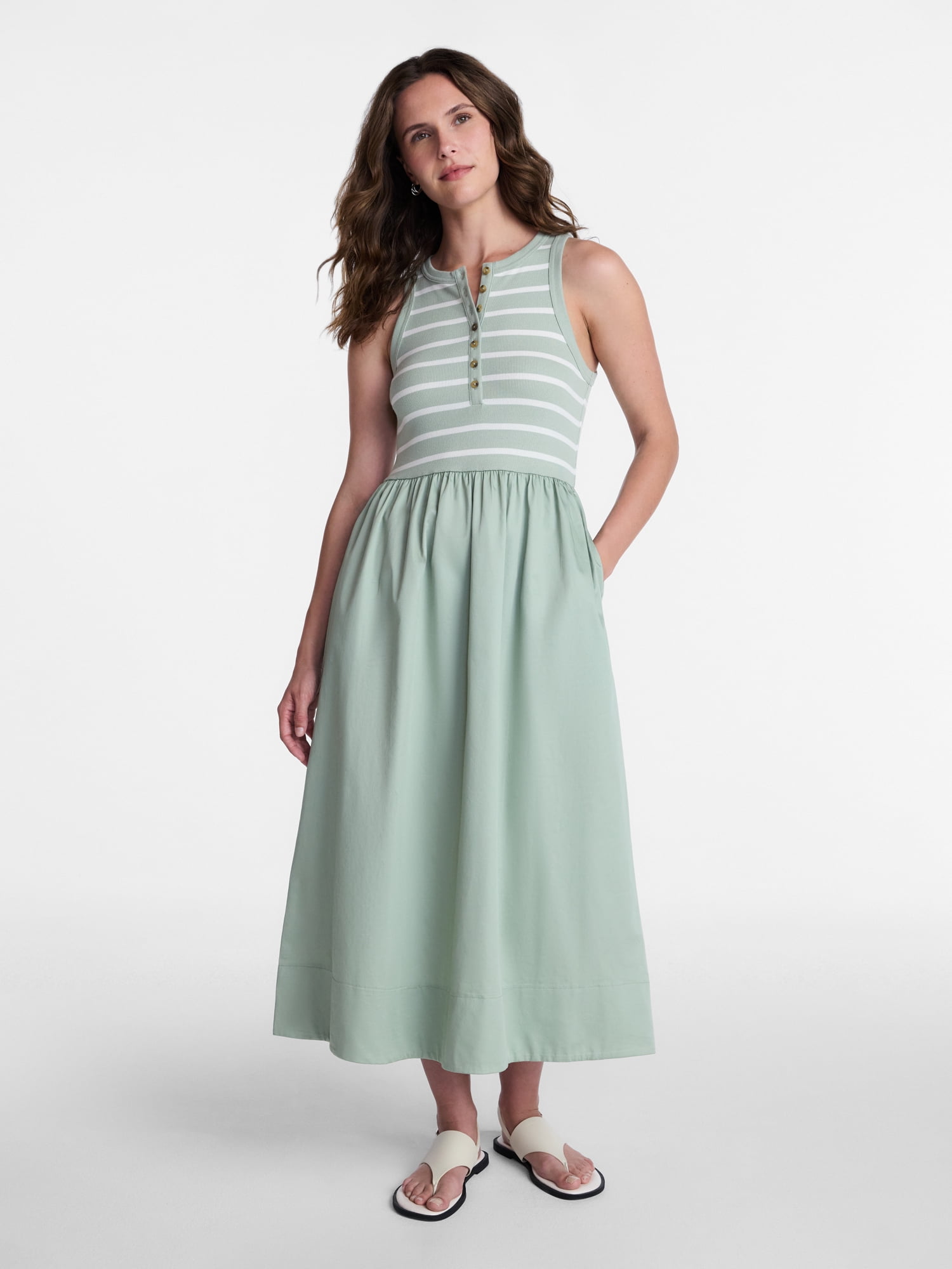 Time and Tru Women's Sleeveless Henley Midi Dress, Sizes XS-XXXL
