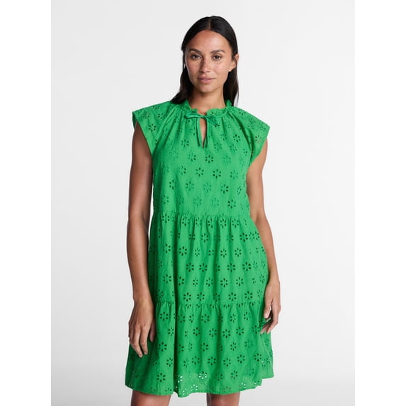 Time and Tru Women's Tiered Cotton Eyelet Mini Dress with Flutter Sleeves, Sizes XS-XXXL