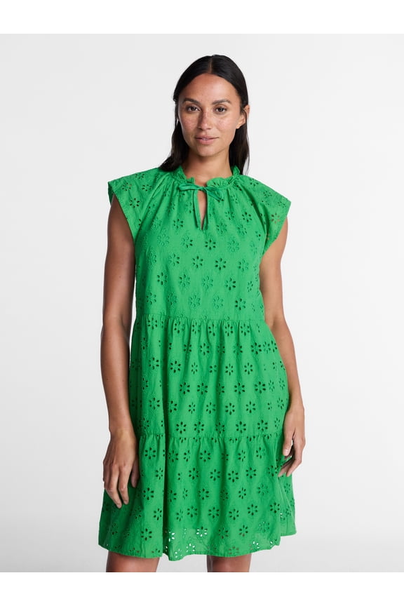 Women's Tiered Cotton Eyelet Mini Dress with Flutter Sleeves, Sizes XS-XXXL