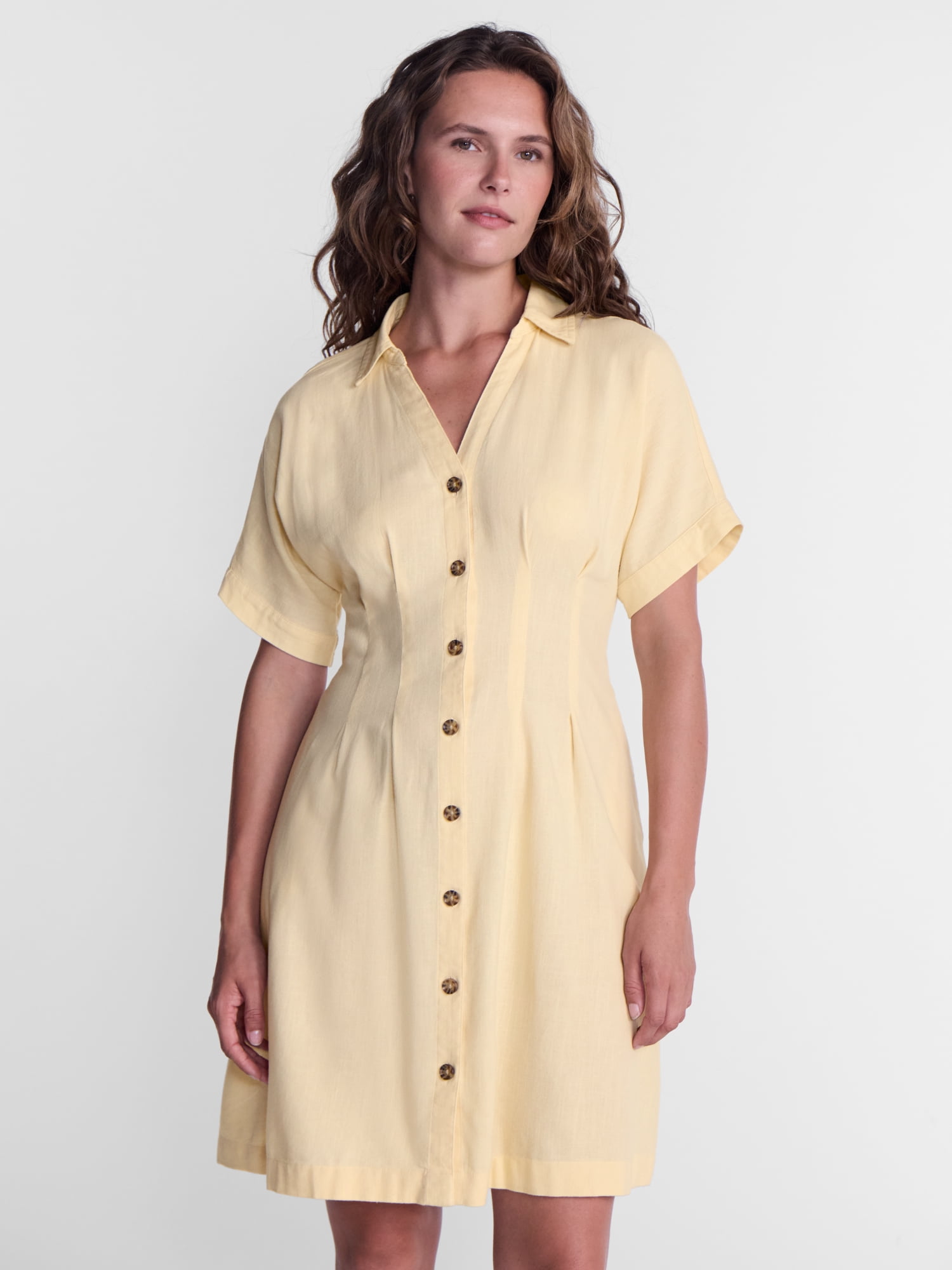 Time and Tru Women's Linen Blend Pleated Mini Shirtdress with Short Sleeves, Sizes XS-XXXL
