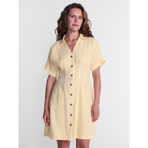 Women's Linen Blend Pleated Mini Shirtdress with Short Sleeves, Sizes XS-XXXL