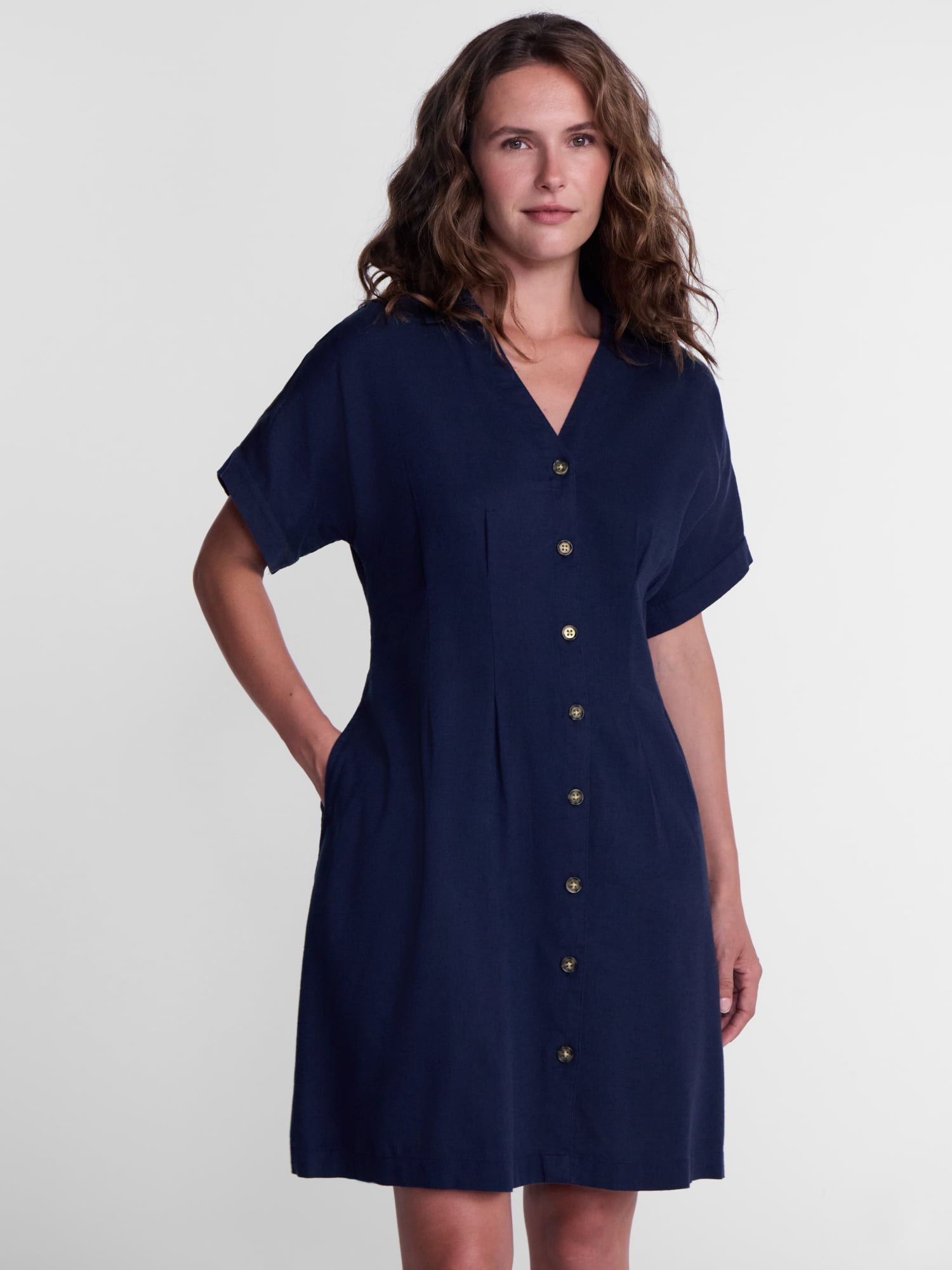 Time and Tru Women's Linen Blend Pleated Mini Shirtdress with Short Sleeves, Sizes XS-XXXL