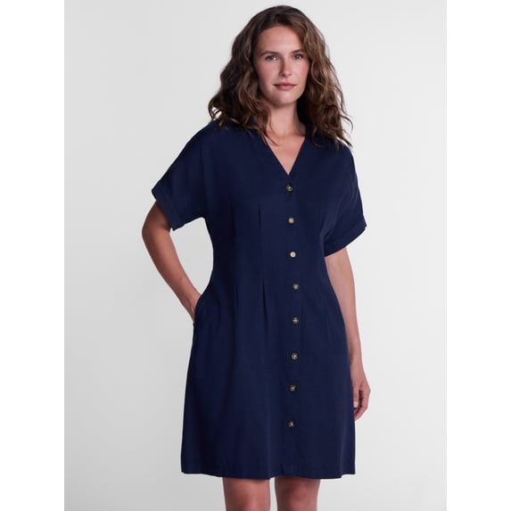 Time and Tru Women's Linen Blend Pleated Mini Shirtdress with Short Sleeves, Sizes XS-XXXL