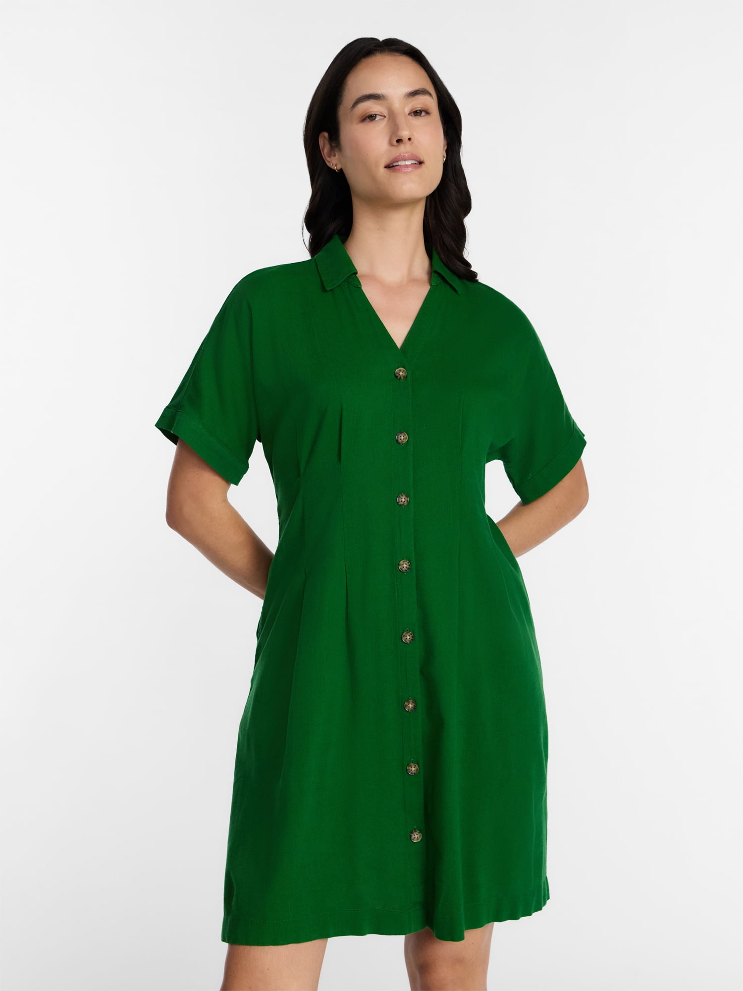 Time and Tru Women's Linen Pleated Waist Fit And Flare Mini Shirt Dress, Sizes XS-XXXL