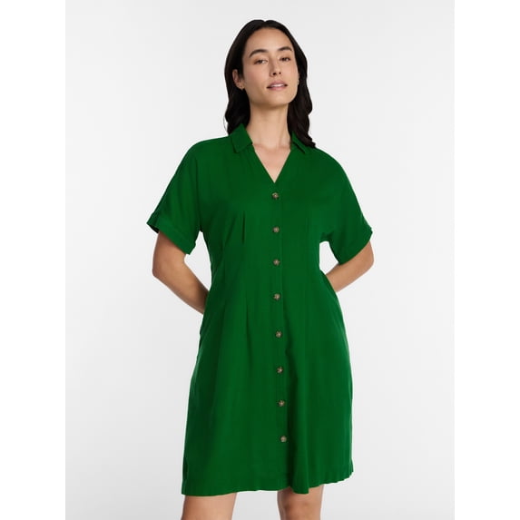 Time and Tru Women's Pleated Waist Fit and Flare Mini Shirt Dress, Sizes XS-XXXL