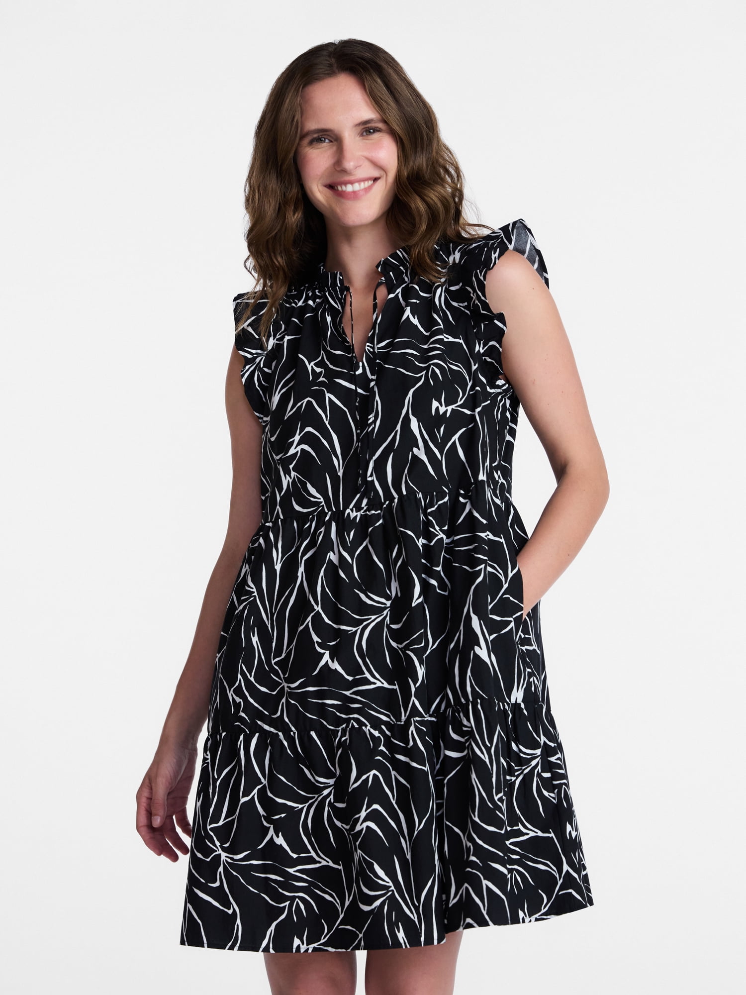 Time and Tru Women's and Women's Plus Tiered Cotton Mini Dress with Flutter Sleeves, Sizes XS-4X