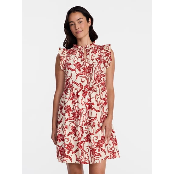 Time and Tru Women's and Women's Plus Cotton Mini Dress with Flutter Sleeves, Sizes XS-4X