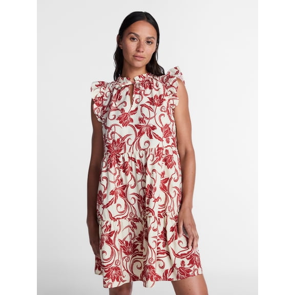 Time and Tru Women's and Women's Plus Tiered Cotton Mini Dress with Flutter Sleeves, Sizes XS-4X