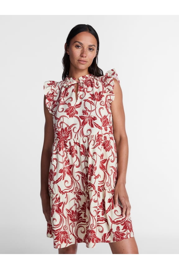 Women's and Women's Plus Tiered Cotton Mini Dress with Flutter Sleeves, Sizes XS-4X