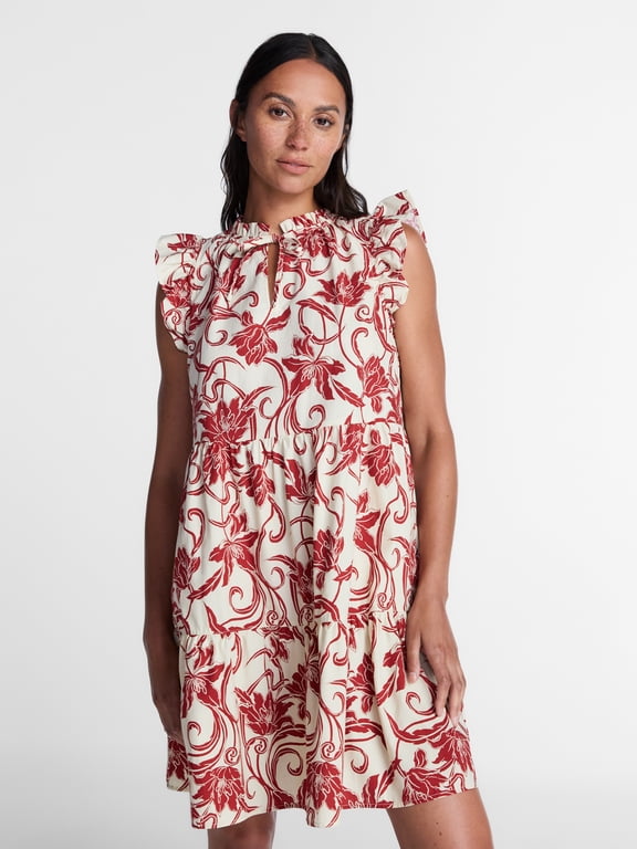 Women's Tiered Cotton Mini Dress with Flutter Sleeves, Sizes XS-4X