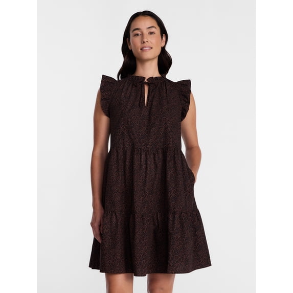 Time and Tru Women's and Women's Plus Cotton Mini Dress with Flutter Sleeves, Sizes XS-4X