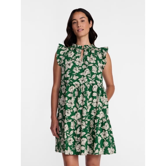 Time and Tru Women's and Women's Plus Cotton Mini Dress with Flutter Sleeves, Sizes XS-4X