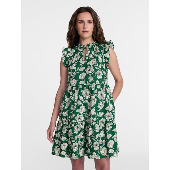 Time and Tru Women's and Women's Plus Tiered Cotton Mini Dress with Flutter Sleeves, Sizes XS-4X