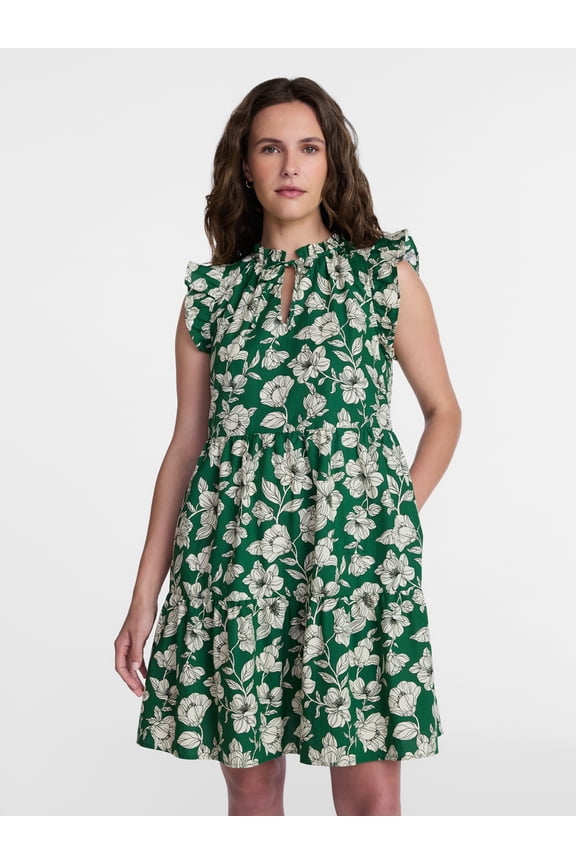 Women's and Women's Plus Tiered Cotton Mini Dress with Flutter Sleeves, Sizes XS-4X