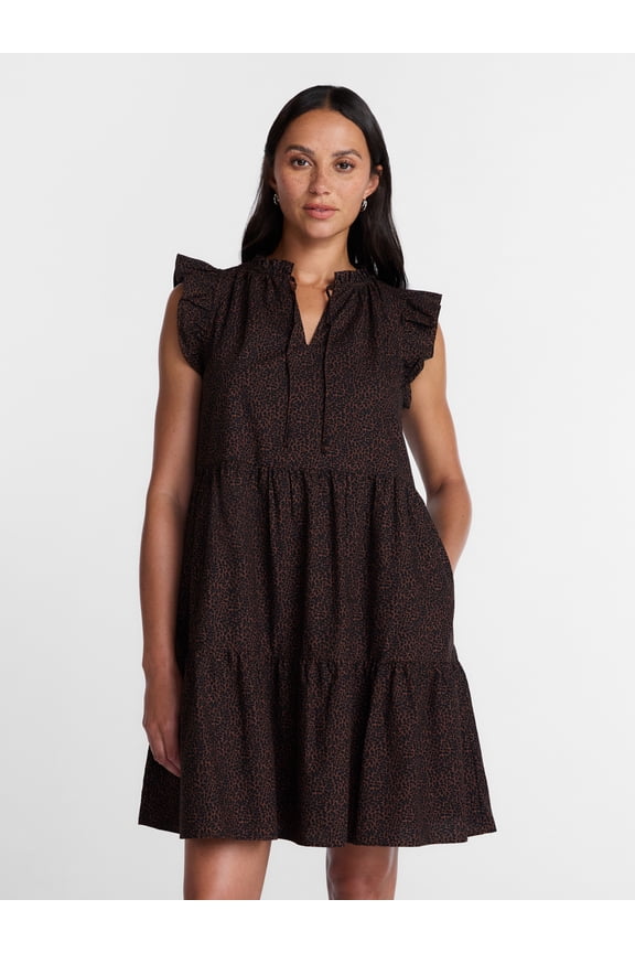 Women's and Women's Plus Tiered Cotton Mini Dress with Flutter Sleeves, Sizes XS-4X