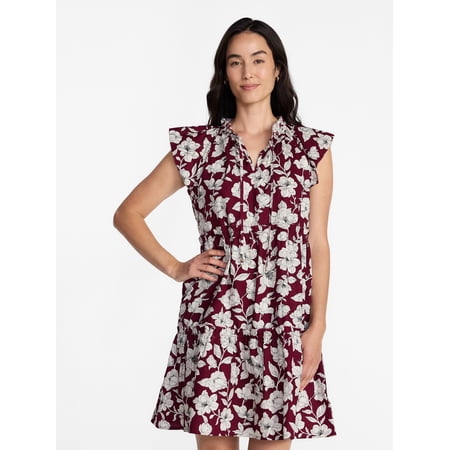 Time and Tru Women's Tiered Cotton Mini Dress with Flutter Sleeves, Sizes XS-4X