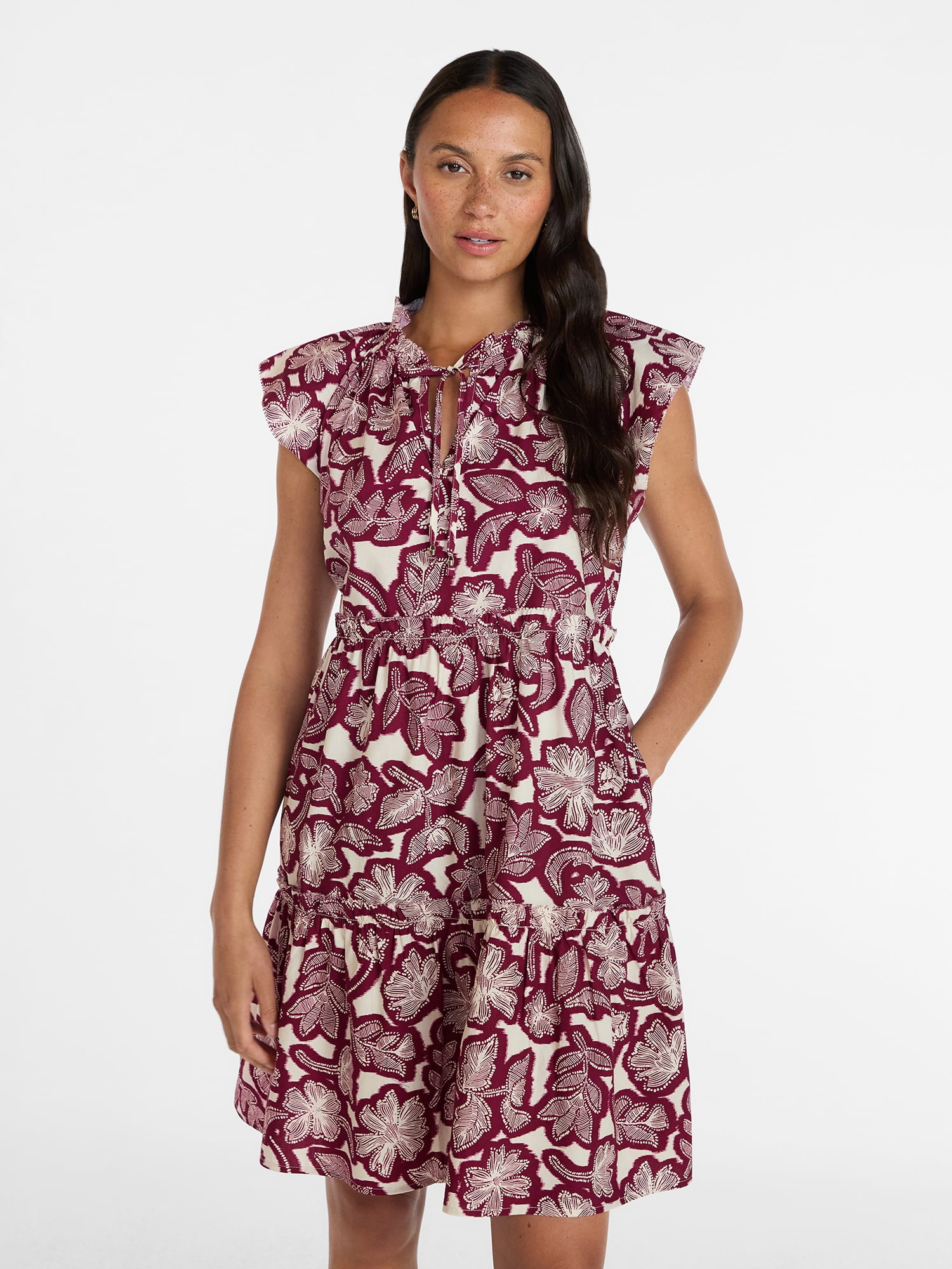Time and Tru Women's and Women's Plus Tiered Cotton Mini Dress with Flutter Sleeves, Sizes XS-4X