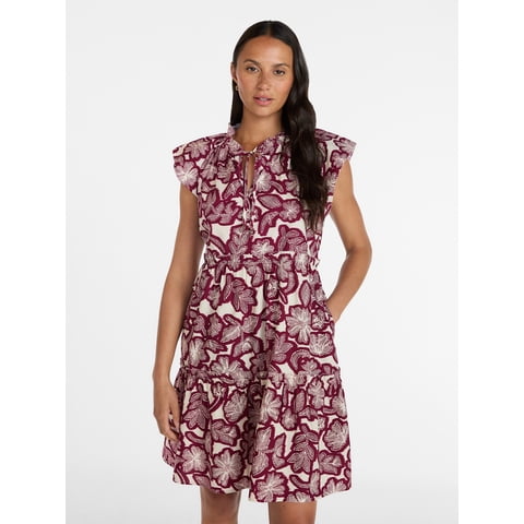 Time and Tru Women's Tiered Cotton Mini Dress with Flutter Sleeves, Sizes XS-4X