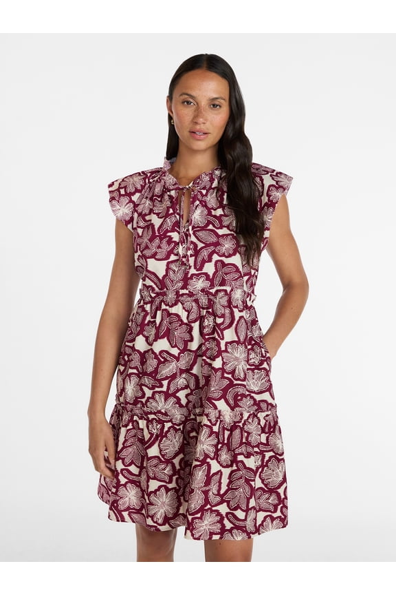 Women's and Women's Plus Tiered Cotton Mini Dress with Flutter Sleeves, Sizes XS-4X